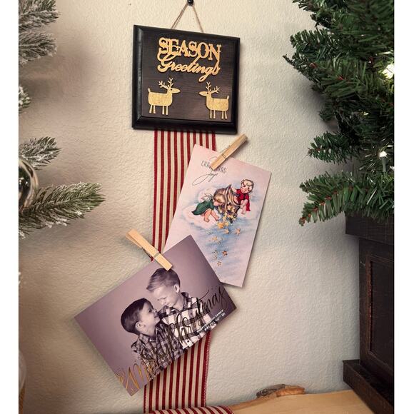 Season Greetings Card Holder Black Gold Script Topper Red Striped Wide Ribbon - Picture 1 of 5